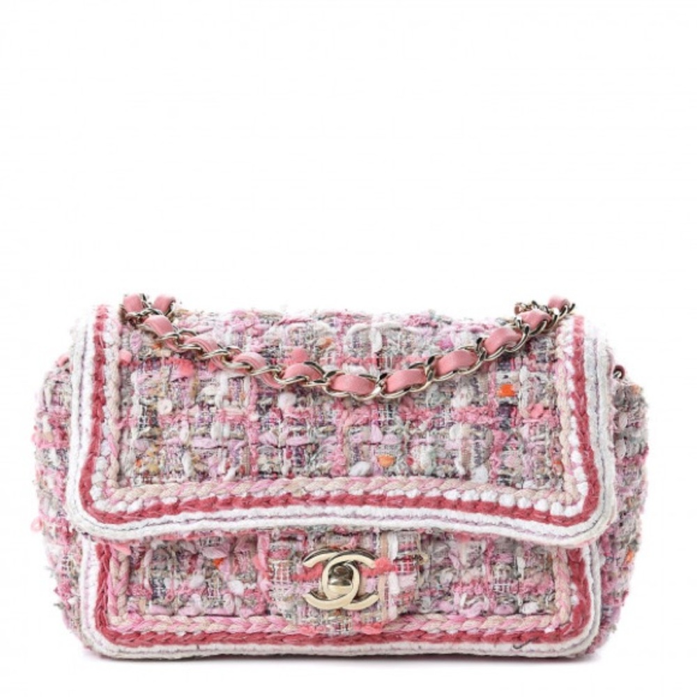 Authentic Chanel mini classic flap Tweed Braided Pink 19S 2019 Spring/Summer